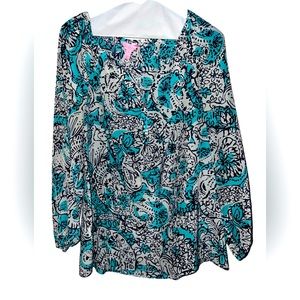 lilly pulitzer sarabeth silk blouse in shorely blue hippy hippy shake small